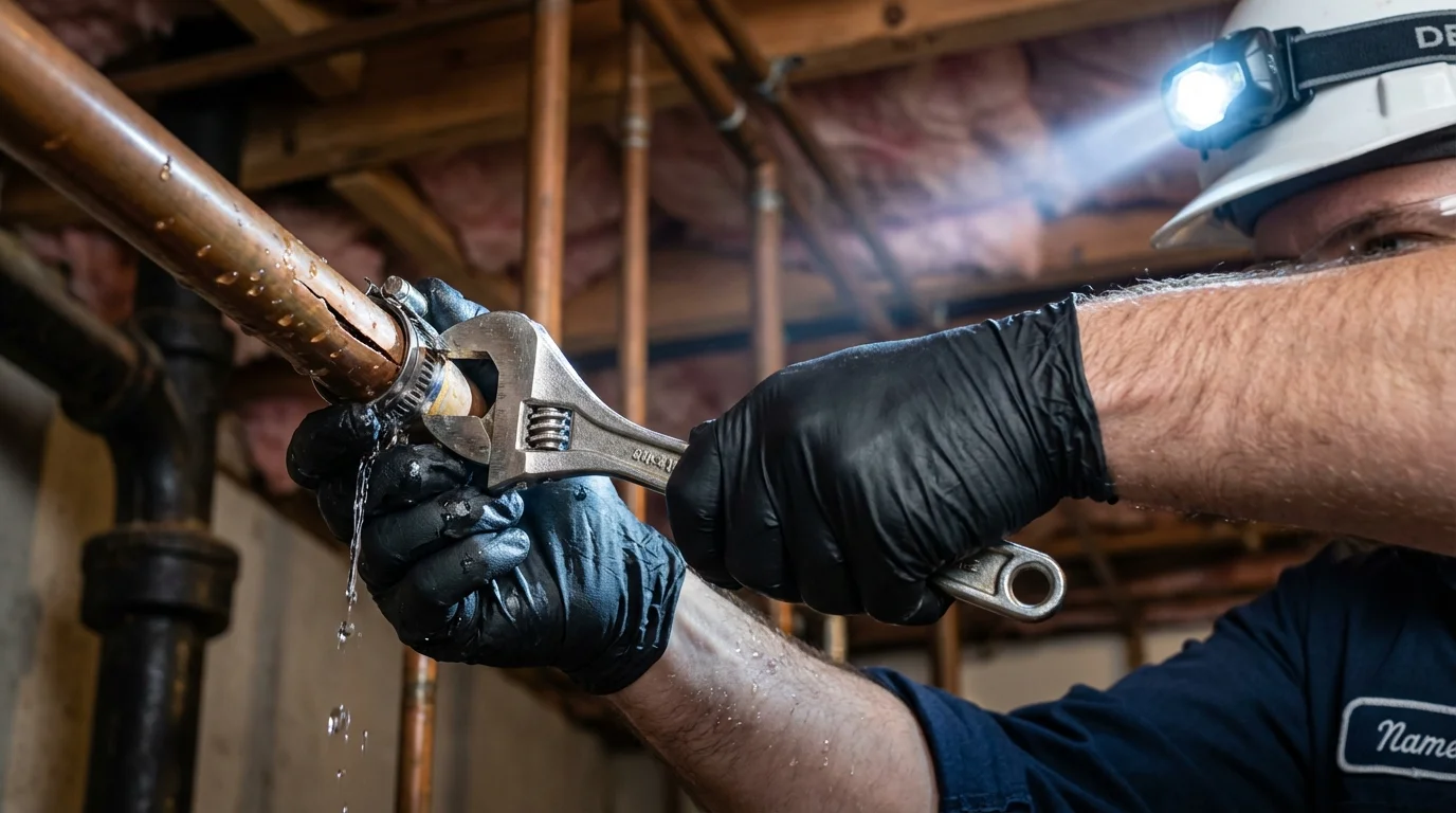 Emergency pipe clamp repair being performed by a Johns Plumbing LLC plumber in Solvang