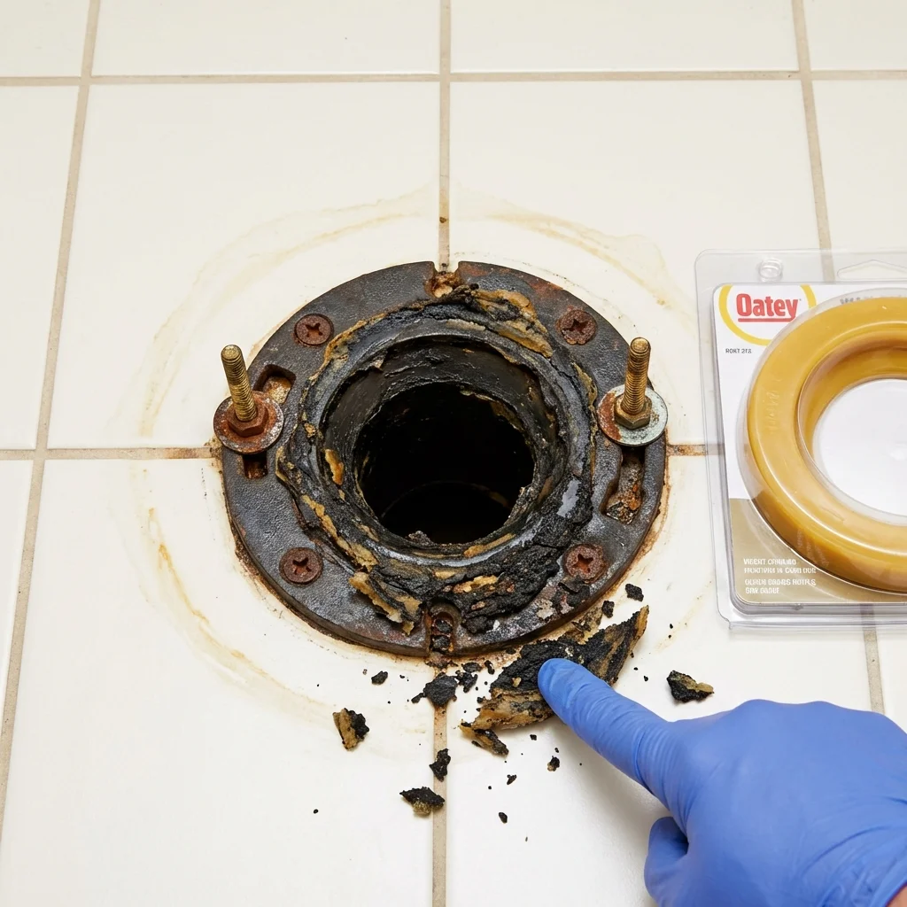 Failed wax ring showing water seepage at the base of a toilet in a Solvang, CA home